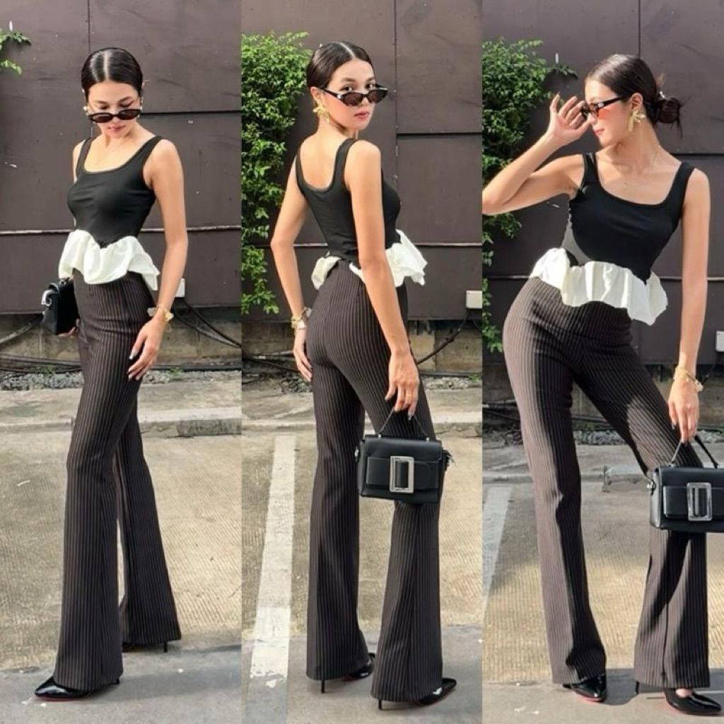 Believe pants (รุ่นบีลีฟ) กางเกงขาม้าเล็กซิปข้างลายริ้ว(ผ้าโรฟพรี่เมียม)ผ้ายืดหยุ่น ทิ้งตัว ซิปข้าง (ความยาว 43)