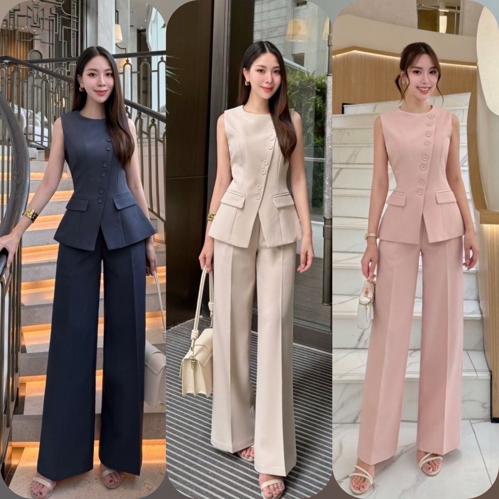 Shimmer พร้อมส่ง เบจครีม ชมพู/ ชุดเซ็ตเสื้อแต่งกระดุมหลอก+กางเกงขายาว