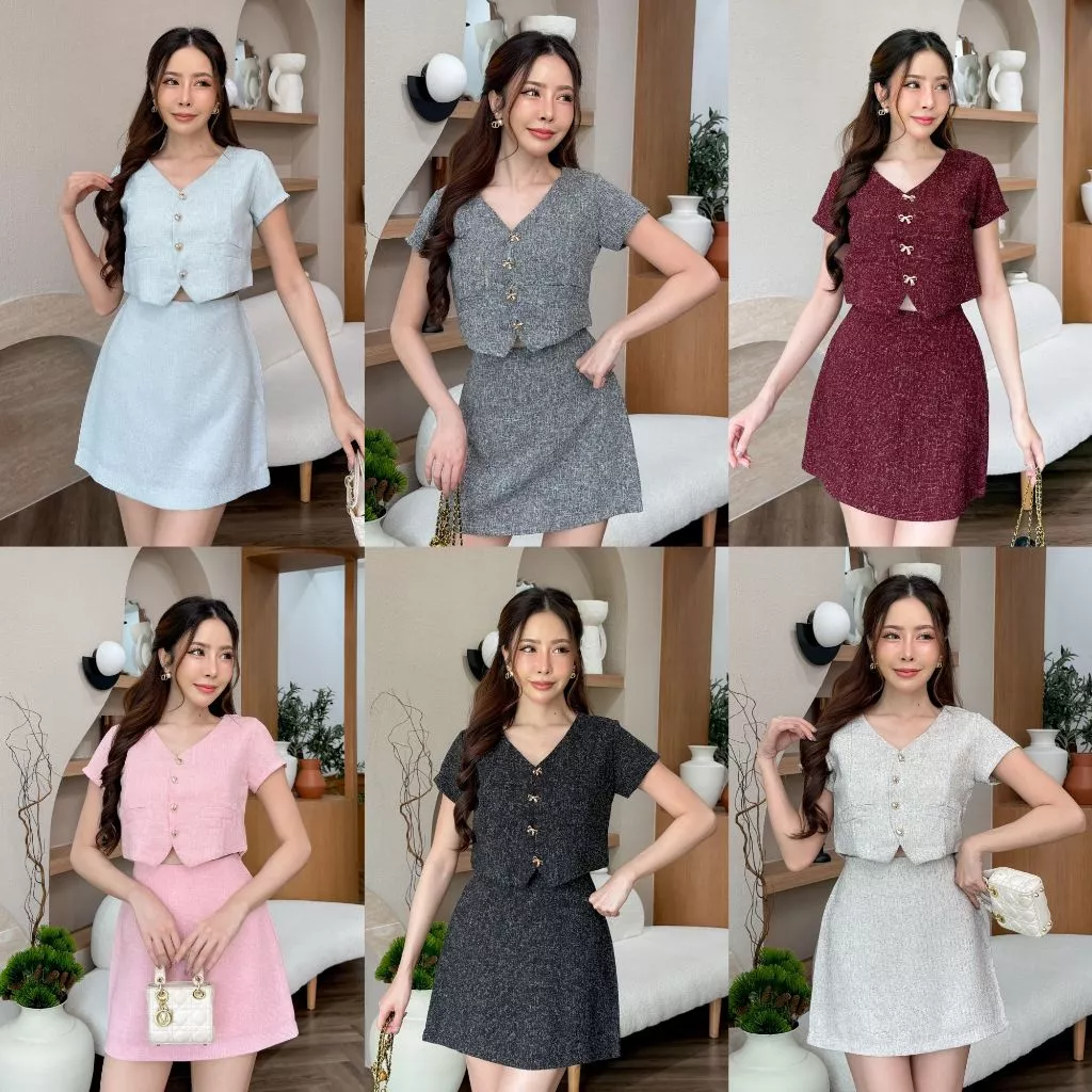 [S-3XL]ชุดเซ็ทผ้าทวิตเสื้อคอวีกระโปรงสั้นซิปหลัง