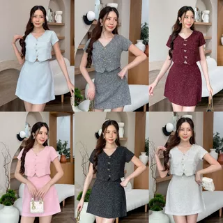 [S-3XL]ชุดเซ็ทผ้าทวิตเสื้อคอวีกระโปรงสั้นซิปหลัง