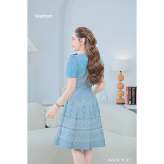 KS801 ชุดเดรสผ้าทอลายเนื้อฝ้าย แต่งเกร็ดโบว์มีเกสร กระโปรง 8 ชิ้น สวยดูแพงมากค๊า ซิปซ่อนด้านหลัง อัดกาวทั้งชุด (S-5XL)