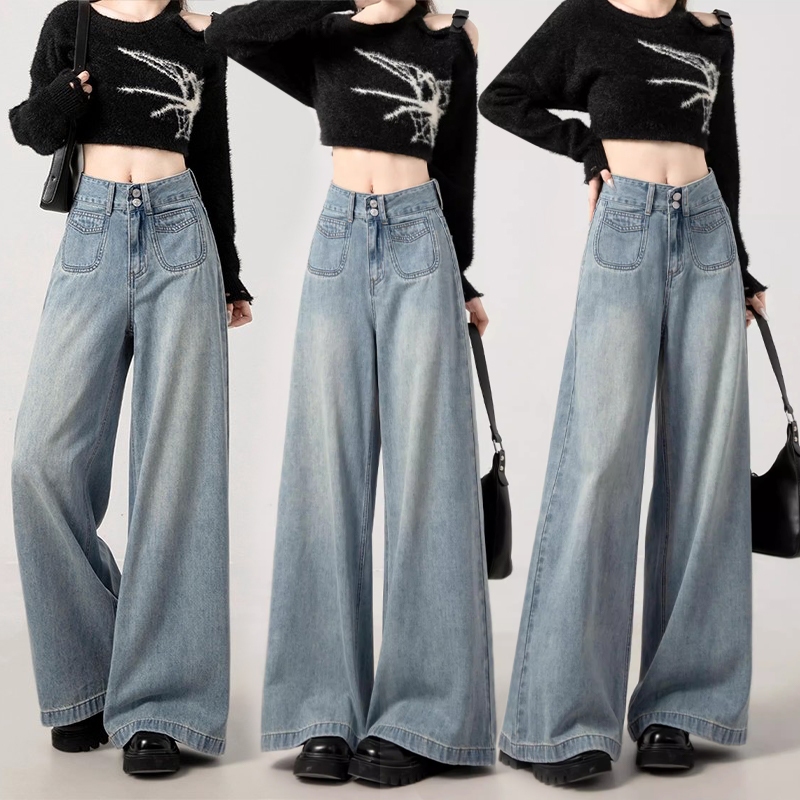 S-5XL Baggy jeans for women กางเกงยีนส์ขายาว ขากว้าง สีฟ้า ทรงหลวม เอวสูง สไตล์เกาหลี Bigsize HOT