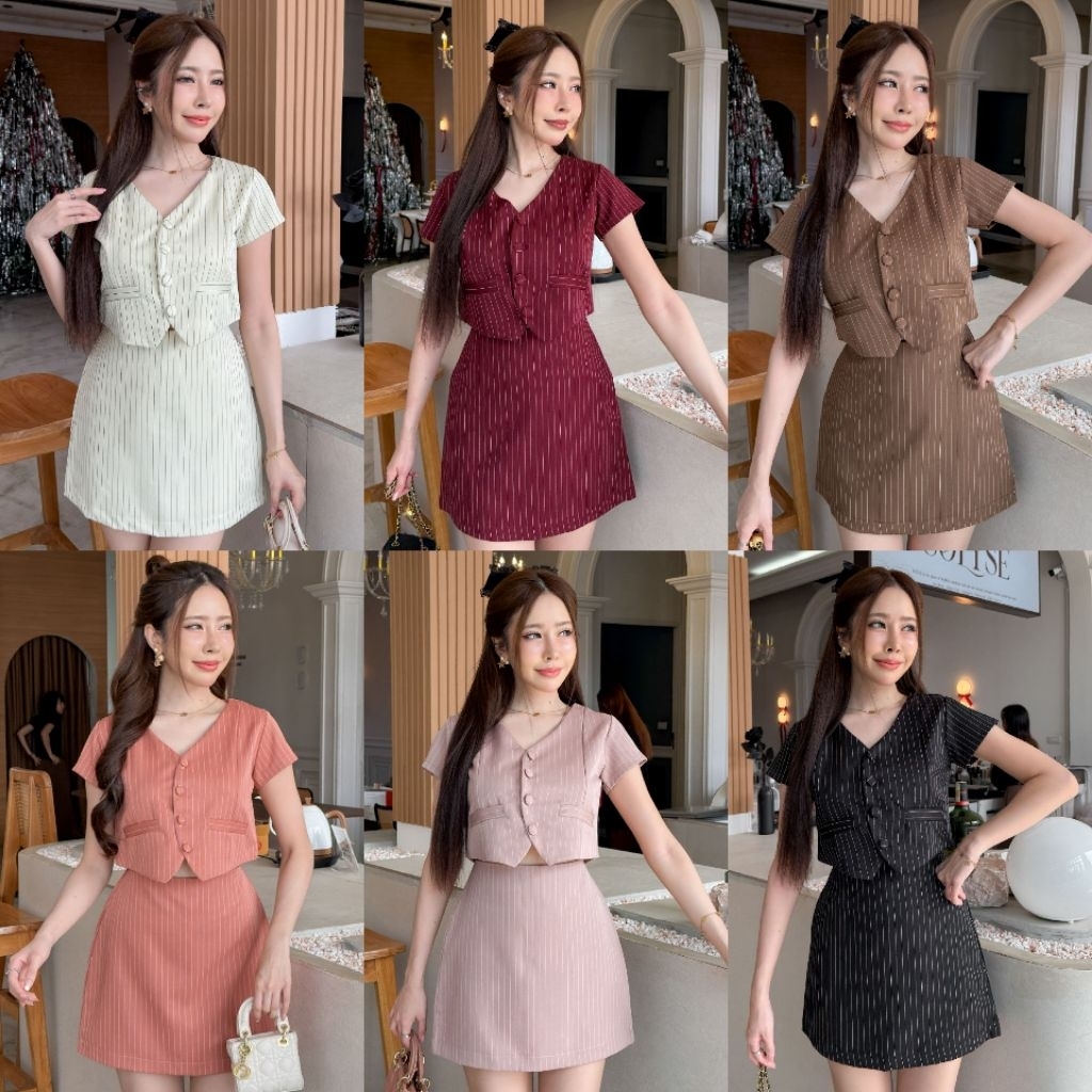 ชุดเซตเสื้อครอปชายแหลมและกระโปรงสั้นผ้าลายริ้ว