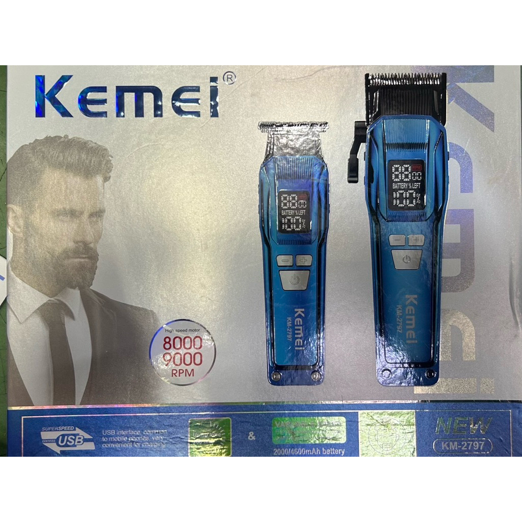 kemei  km2797 1กล่องได้ตัวตัดตัวกันขอบ ปัตตาเลี่ยนตัดผมไร้สาย ปรับระดับรอบเครื่องได้ มีจอบอกแบต ปรับ