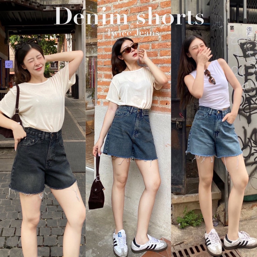 TwiceJeans กางเกงยีนส์ แฟชั่น ขาสั้น แต่งขาดเซ่อๆ เอวสูง ผ้าไม่ยืด ยาว 15 นิ้ว