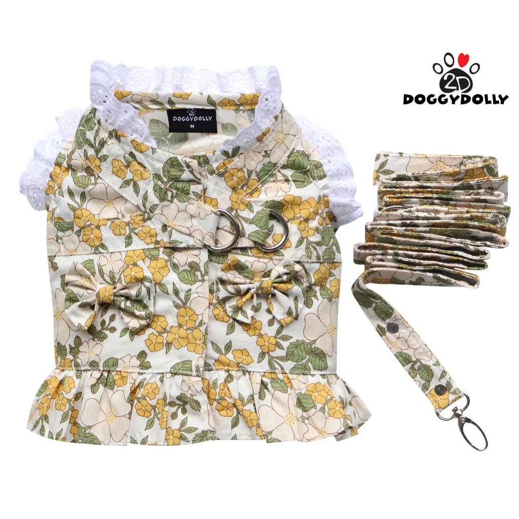 Pet cloths -Doggydolly เสื้อผ้าแฟชั่น สัตว์เลี้ยง ชุดหมาแมว สายจูง รัดอก Body-Harness สีเหลืองลาย ขนาดไซส์ 1-9 โล DCL207
