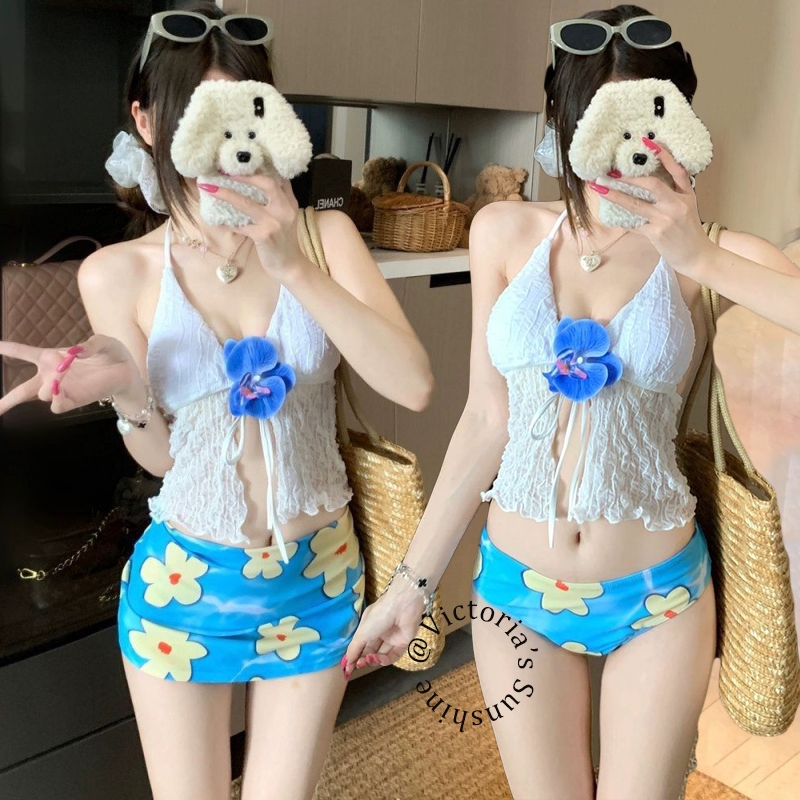 ชุดว่ายน้ำบิกินี่ ผูกคอ ชุดว่ายน้ำกระโปรง เอวสูง ลายดอก ชุด 3 ชิ้น beach#0837