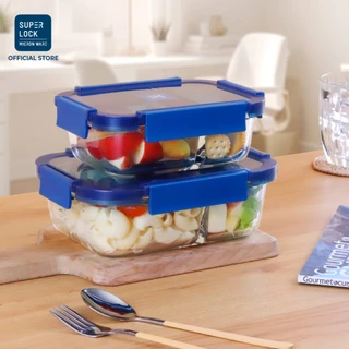 Super Lock กล่องแก้วถนอมอาหาร 2 ช่อง มีซิลิโคน เข้าเตาอบไมโครเวฟ ช่องฟรีซ Blue series 6225-6226
