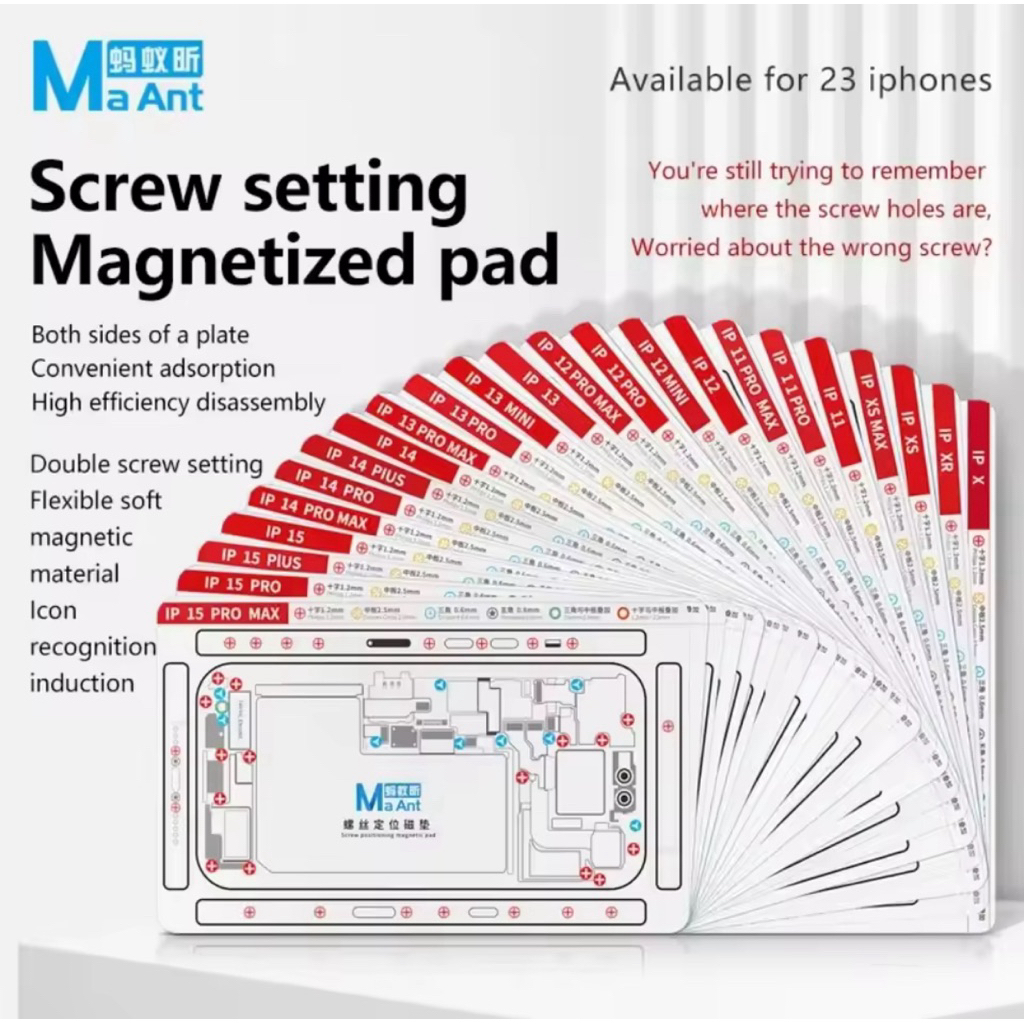 ตําแหน่งสกรู MaAnt พร้อมแผ่นแม่เหล็กสําหรับ X-15pro Max แผนภูมิตัวยึดสกรูเครื่องมือซ่อมและถอดชิ้นส่วนโทรศัพท์มือถือ