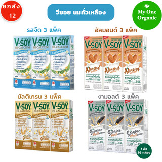 จัดให้ 4 รส My1organic V-Soy วีซอย ยกลัง 12 แพ็ค รสจืด มัลติเกรน อัลมอนด์ งามอลต์ @3 แพ็ค