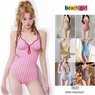🌈beachgirl🌈ชุดว่ายน้ำวันพีซ ชุดไปทะเล ลายสก็อต, ลายทาง คอวี จับคู่กับกระโปรงสั้น โชว์หลัง หลากหลายสไตล์ swim