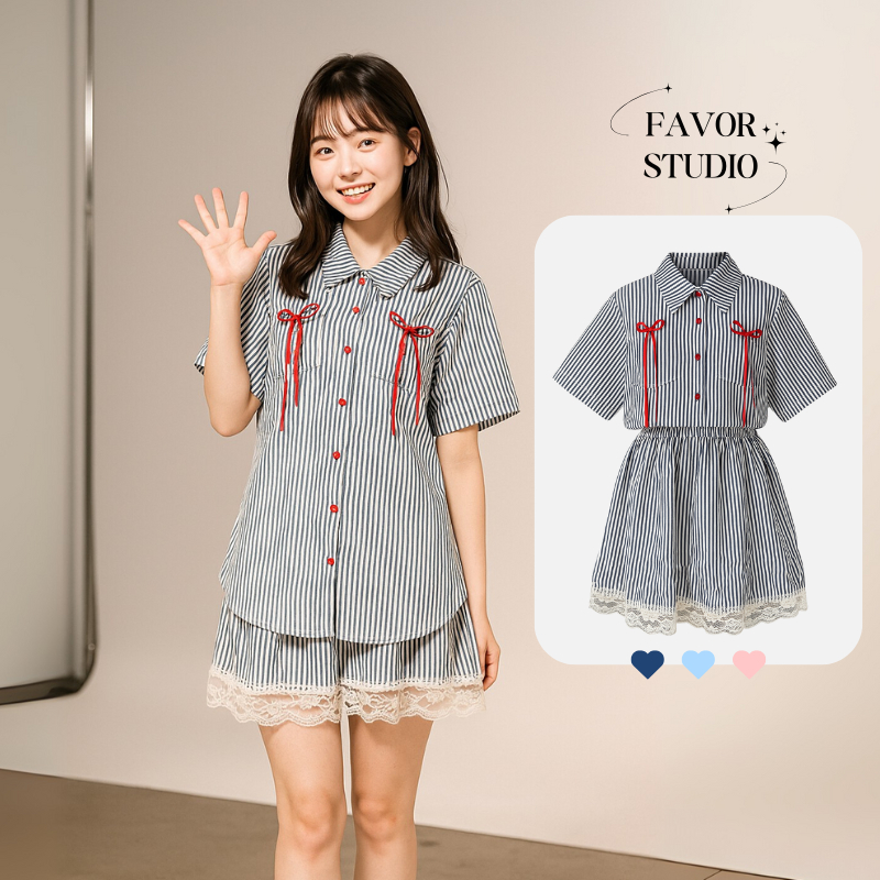 【S-5XL】❗เติมสต็อคแล้ว❗ชุดเซตสองชิ้น เสื้อเชิ้ตลายทาง แต่งโบว์แดง + กระโปรงชายระบายแต่งลูกไม้ สดใสน่ารัก เดรสพลัสไซซ