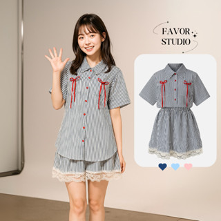 【S-5XL】❗เติมสต็อคแล้ว❗ชุดเซตสองชิ้น เสื้อเชิ้ตลายทาง แต่งโบว…