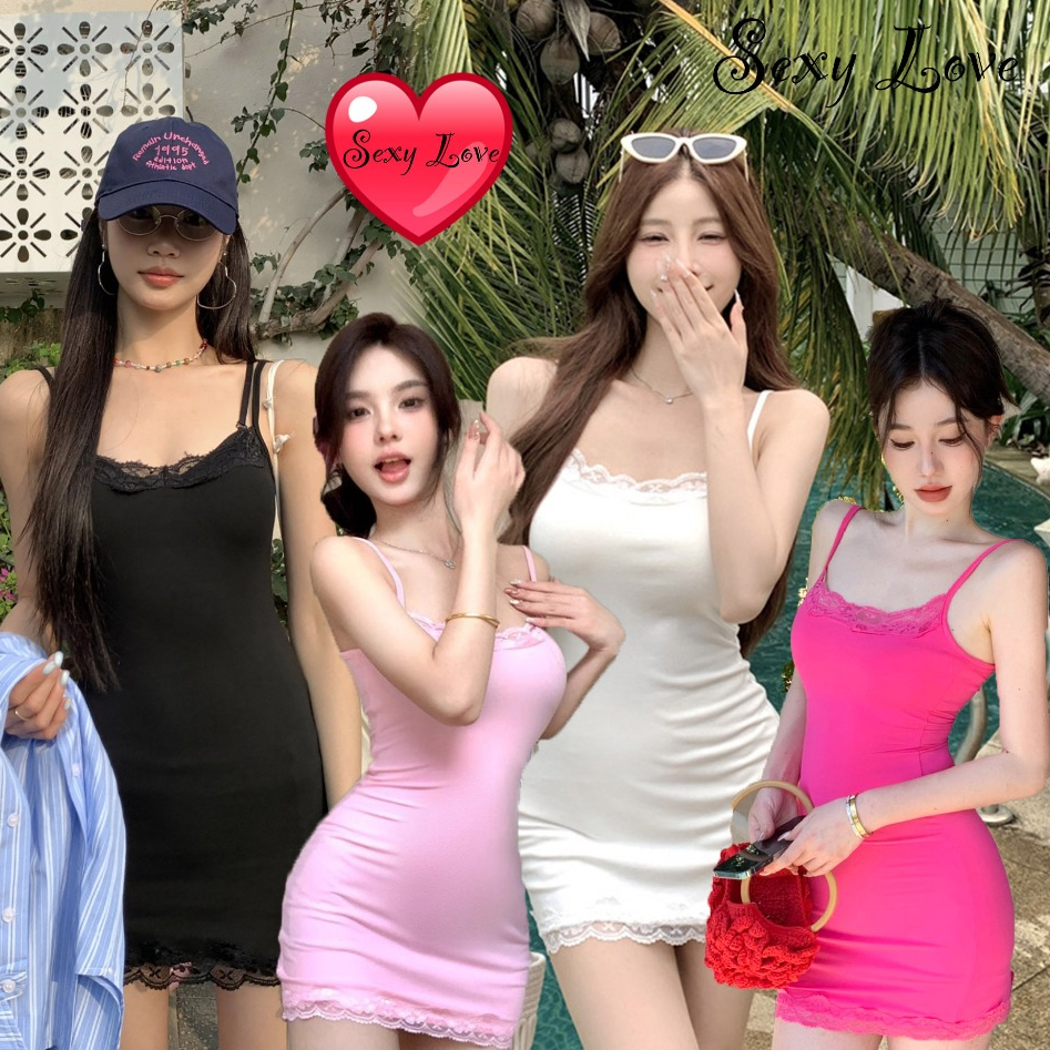 💗Sexy Love💗เดรส เดรสสั้น สีพื้น เข้ารูป สายเดี่ยว สไตล์เกาหลี สวย เปิดหลัง summer ลูกไม้ ส่งจากไทย