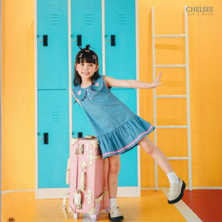 Chelsee ชุดยีนส์เดรสกระโปรง ปกมน ปักดอกไม้ เรียบๆ ผ้ายีนส์ เ…