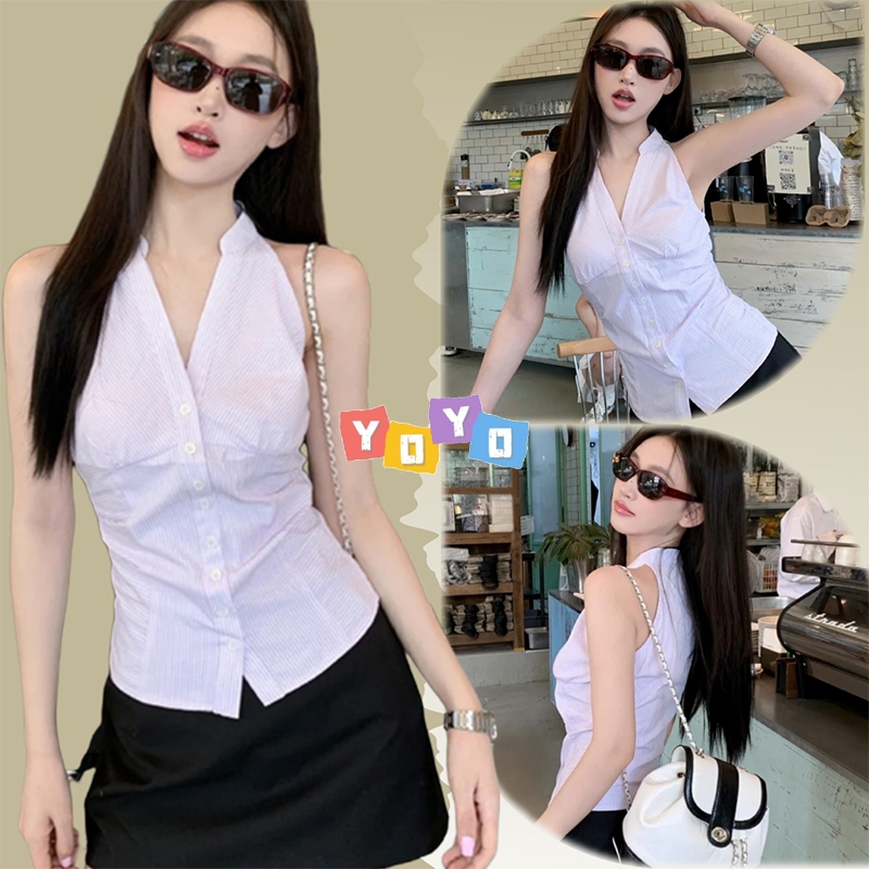 YOYO พร้อมส่ง🌈เสื้อเชิ้ตแขนกุด🌈ชุด2ชั้น คอวี ลายริ้ว โชว์ไหล่ เสื้อครอปทรงรัดรูป สําหรับผู้หญิง สไตล์ลําลอง ปกกระดุมหน้า