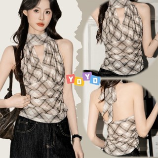 YOYO พร้อมส่ง🌈เสื้อคล้องคอ🌈คอวีลึก เสื้อครอป เปิดหลังผูกคอ ท…