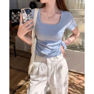 พร้อมส่ง เสื้อยืดสีทึบสไตล์เกาหลีทรงเข้ารูปและใช้งานได้หลากหลาย เสื้อยืดแขนสั้นผ้าไหมน้ำแข็งผู้หญิง
