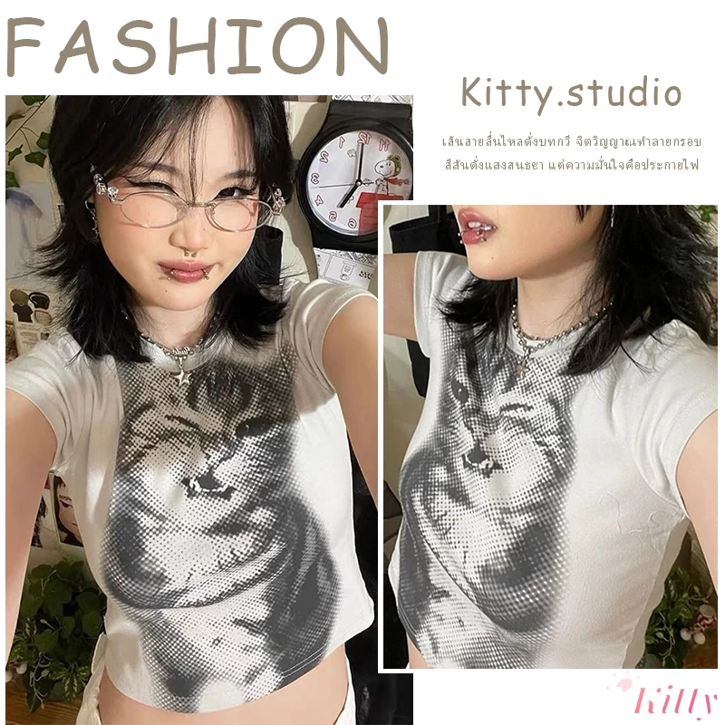 Kitty พร้อมส่ง🐱เสื้อยืดรัดรูปผู้หญิง Y2Kเสื้อครอปท็อป แขนสั้นคอกลอน Croptop พิมพ์น้องแมว ผ้ายืดใส่สาย สวาอ้วนใส่ได้