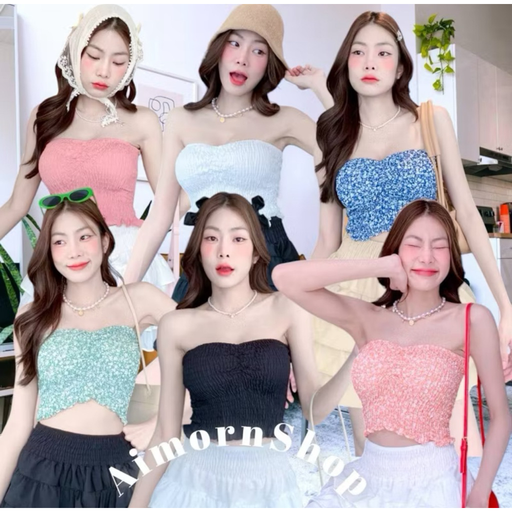 🔥aimorn_shop🔥🌈เสื้อเกาะอก ลายดอกไม้ฉ่ำๆ สีสันสดใสรับซัมเมอร์สุดๆ งานด้านหลังเป็นสม็อค ผ้าใส่สบายมาก