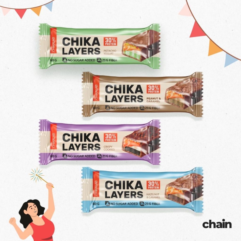 CHIKALAB Chika Layers | บาร์โปรตีนเคลือบช็อกโกแลต 60ก. โปรตีนสูง ไร้น้ำตาล แคลต่ำ ของหวานเพื่อสุขภาพ