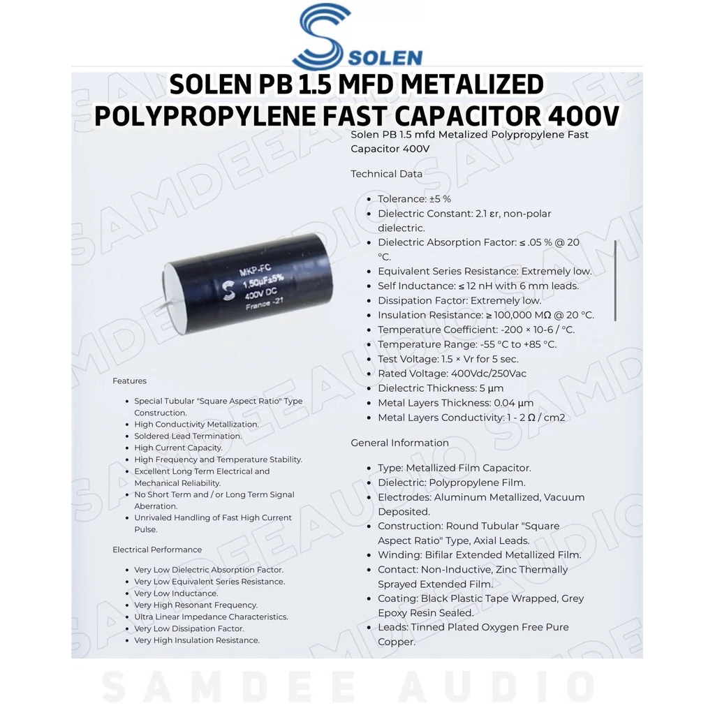 (ราคาต่อ1ชิ้น) Solen PB 1.5 mfd Metalized Polypropylene Fast Capacitor 400V