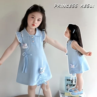 PRINCESS KESLI สาวแต่งตัว แขนพอง ฤดูร้อนสไตล์ใหม่ชุดเจ้าหญิงเด็กการ์ตูนหมีกระโหลกสไตล์โปโลชุดคอปก 2-11 ปี