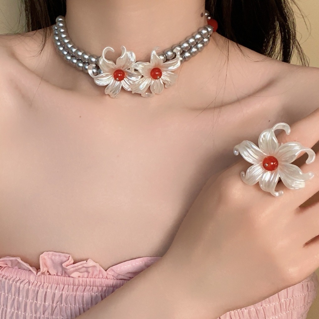 สร้อยคอลูกปัด+แหวน ทูพีช necklace เครื่องประดับแฟชั่นผู้หญิง Y2K ในไทย