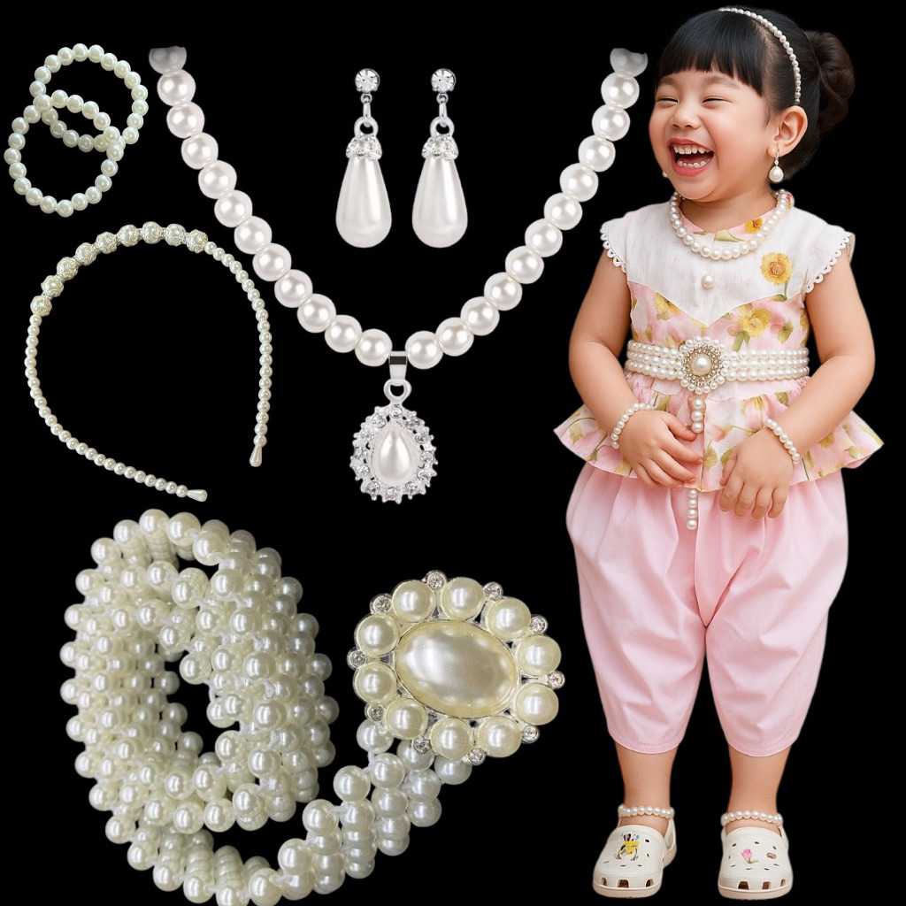 🔥งานสวยงานดี 🔥เครื่องประดับชุดไทยเซทมุก เข็มขัดมุก เซทสร้อยมุก กำไลมุก คาดผมมุก