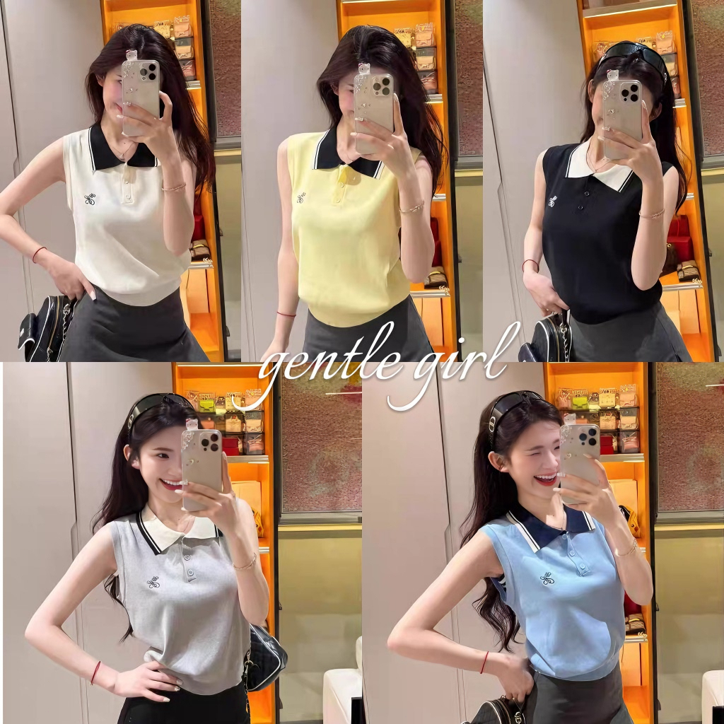 #GG🎀สไตล์เกาหลี เสื้อกั๊กไหมพรมคอโปโลแขนกุดผู้หญิงฤดูร้อน เสื้อโปโล ทรงเข้ารูป