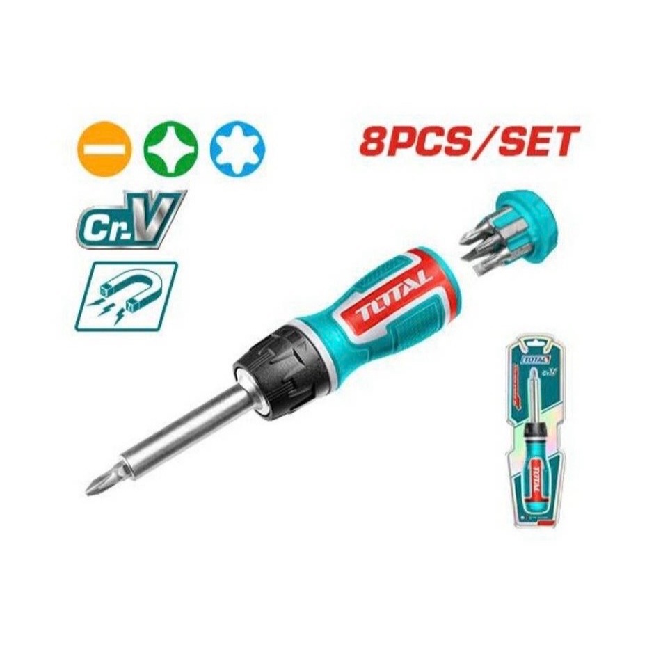 Total ไขควงด้ามฟรี พร้อมดอกไขควง (8 ชิ้นชุด) รุ่นงานหนัก รุ่น TACSD30086 ( 8 Pcs Ratchet Screwdriver Set )