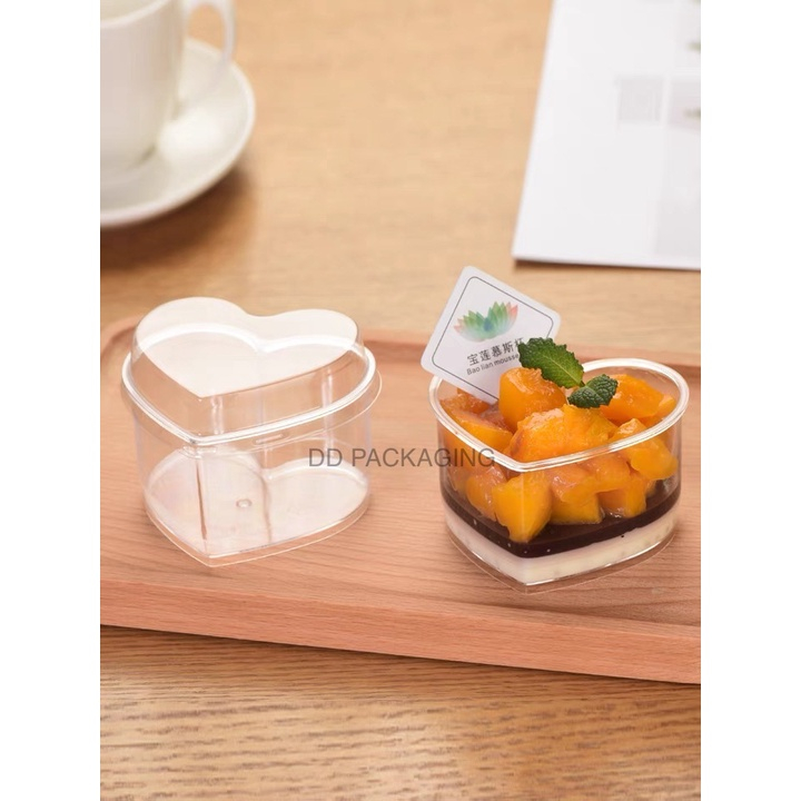 DEDEE (10ใบ)ถ้วยพุดดิ้งทรงหัวใจเนื้อPS ถ้วยพลาสติกใสPS พร้อมฝาปิดPETใส