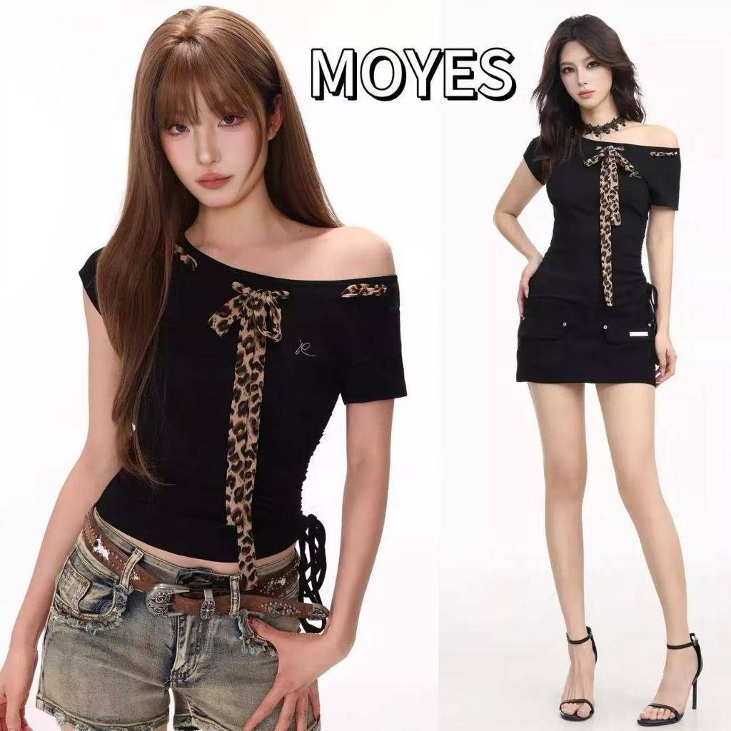 MOYES🔥พร้อมส่ง💗เสื้อยืดแขนสั้นเปิดไหล่ลายเสือดาวสุดฮอตสำหรับผู้หญิง สีดำ ทรงเข้ารูป เปิดไหล่