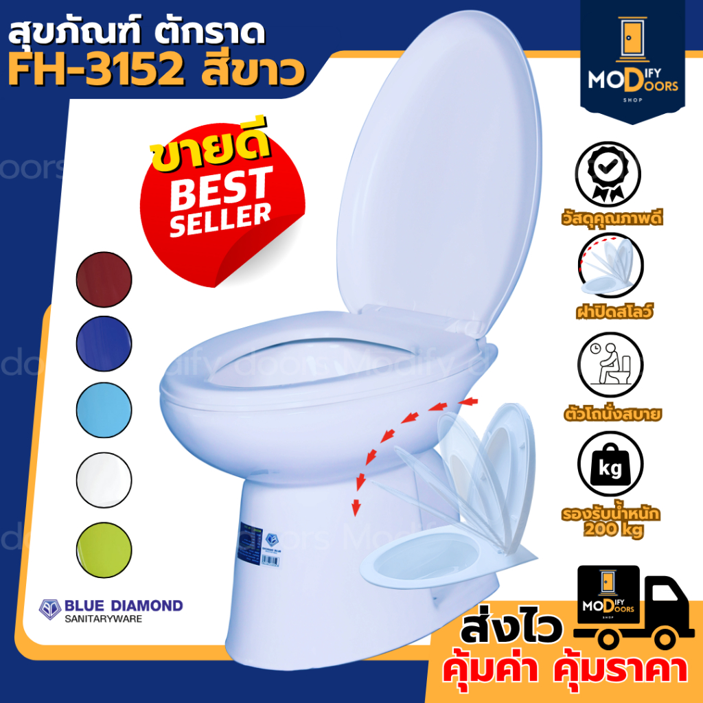 โถส้วม สุขภัณฑ์ นั่งราบ ตักราด ตัวใหญ่ FH 3152 ฝาปิดนิ่มนวล Soft close มี 5 สี ตีลังพร้อมส่ง