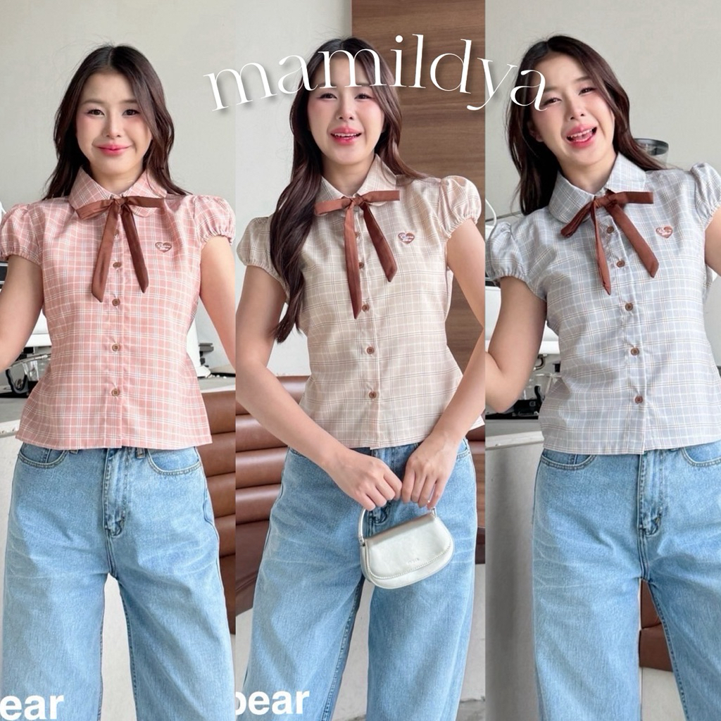 แถมโบว์ผูก 🌟Mamildya.shop🌟 เสื้อเชิ้ตแขนสั้นคอปกทรงปกโค้ง งานแขนพองสม็อคยืด/ V1-2/COOK-ริบใหญ่⚫