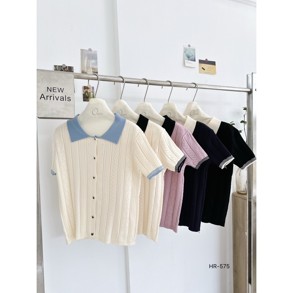 •Ounie• เสื้อไหมพรมคอปก ดีเทลฉลุลายหัวใจ❤️  สีทูโทน น่ารักละมุนสุด