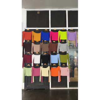 MNV STUDIO พร้อมส่ง เสื้อครอป ปาดไหล่ แขนยาว