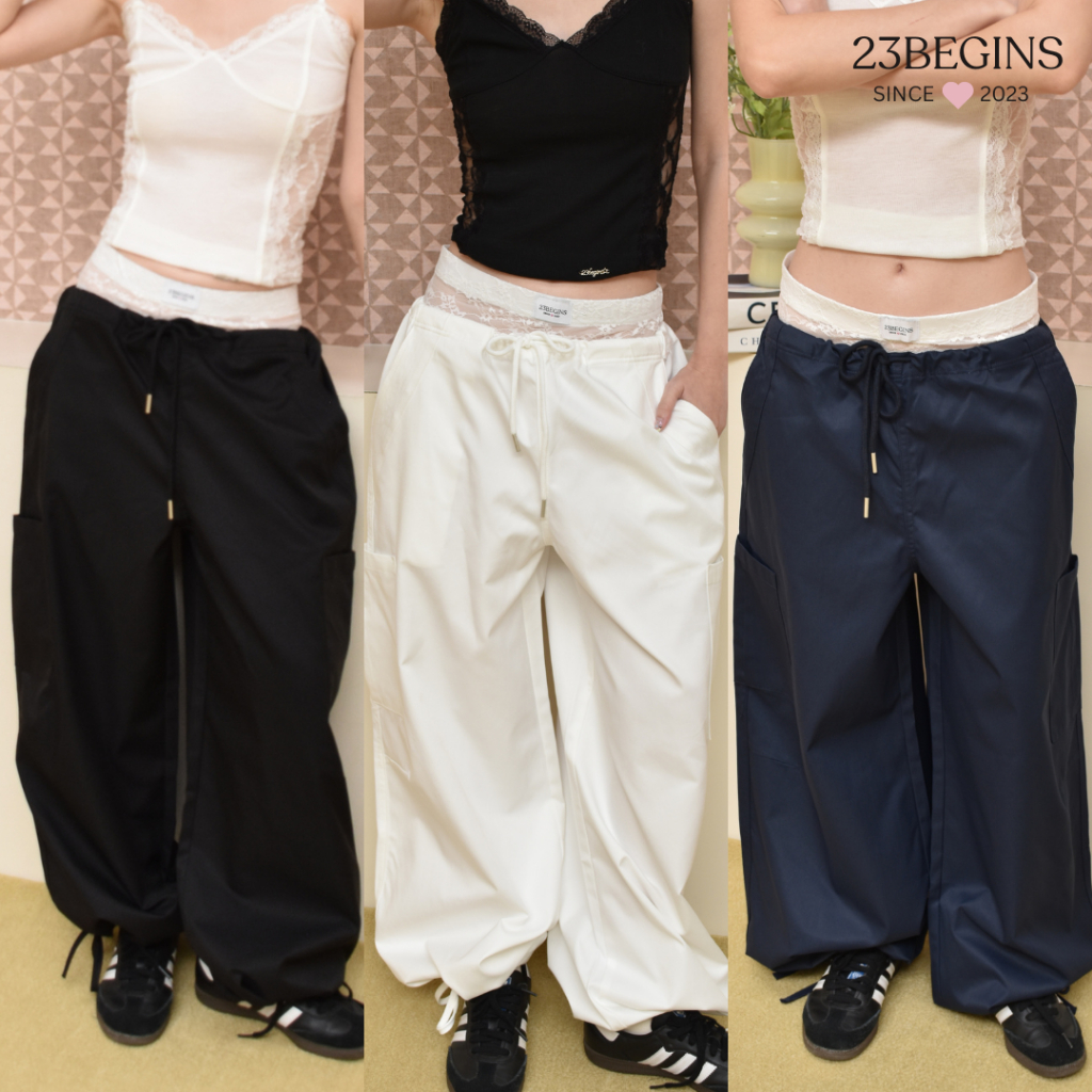 Hazel Pants กางเกงลูกไม้ กางเกงทรงกระบอก กางเกงคาร์โก้ (7309)
