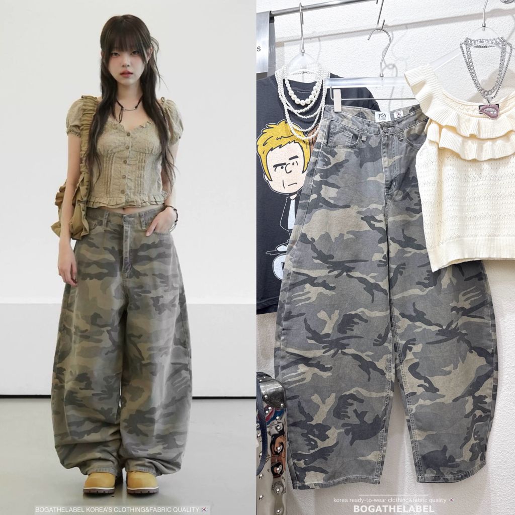 BG#S-XL#บาร์เรลลายพราง#ยีนส์FSY#ยีนส์ทรงบาร์เรล