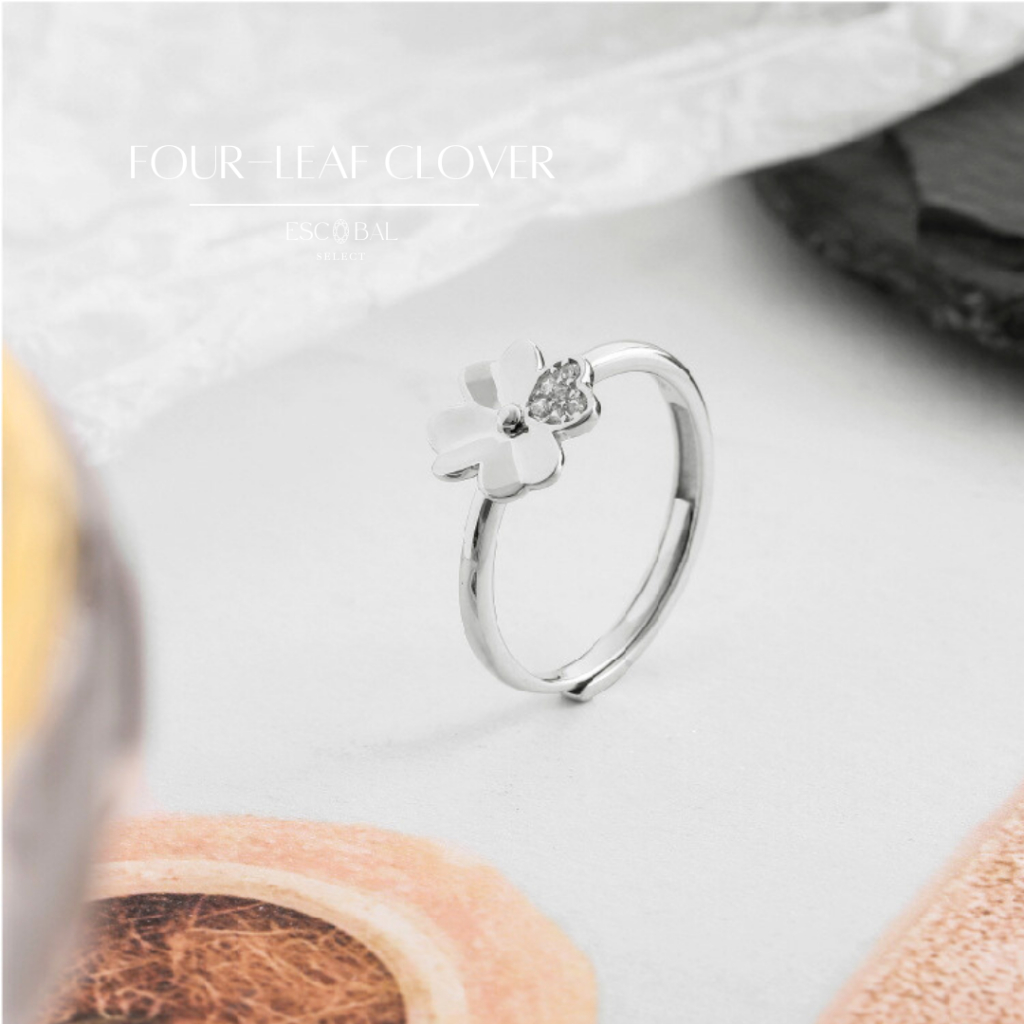 ESCOBAL✨พแหวนเงินแท้ Four-Leaf Clover Moissanite แหวนมงคล แหวนเพชร แหวนเงินสไตล์เกาหลี แหวนปรับขนาด