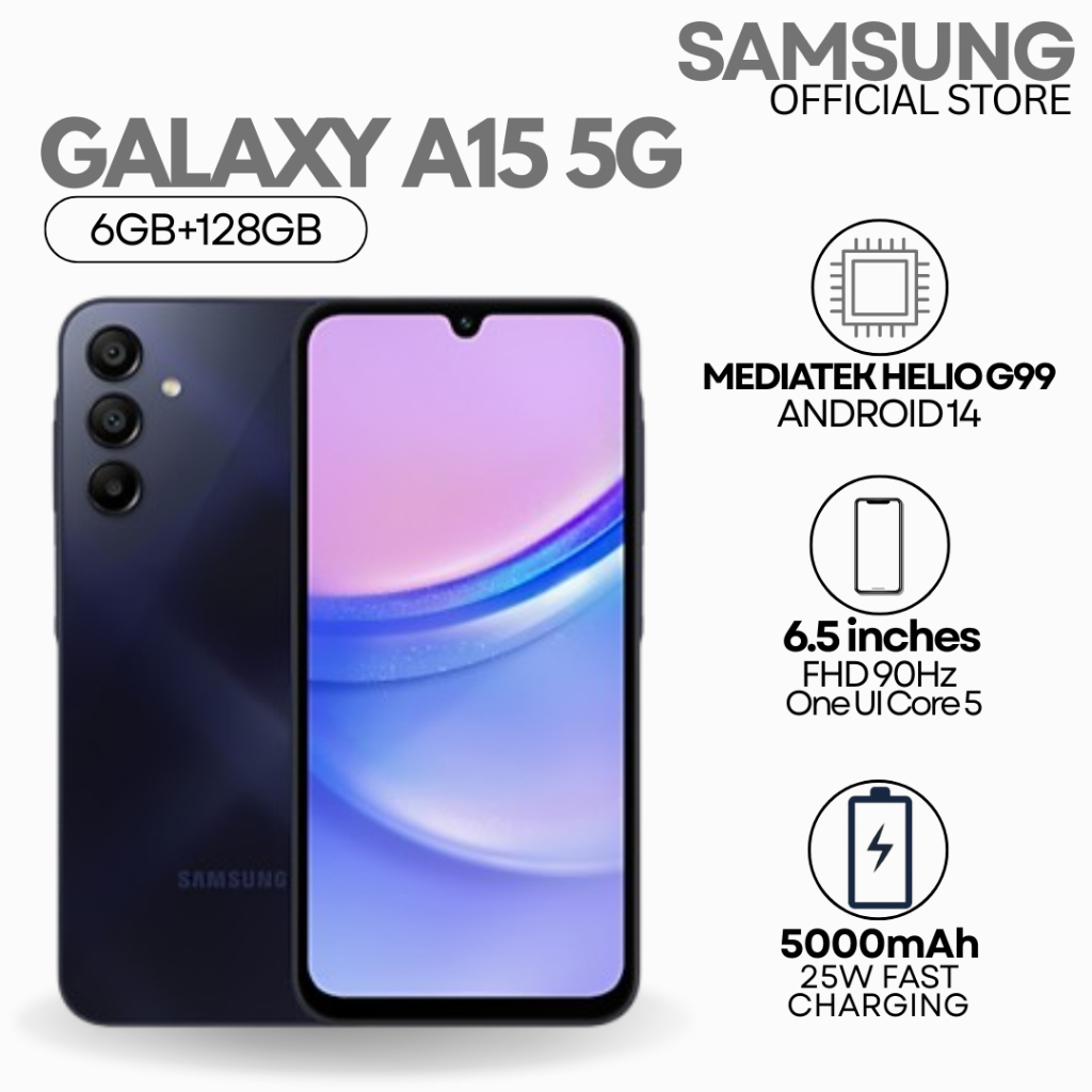 Samsung Galaxy A15 5G | 6GB + 128GB | จอ AMOLED 6.5” 90Hz | กล้อง 50MP | ชิป HELIO G99 | แบต 5000mAh
