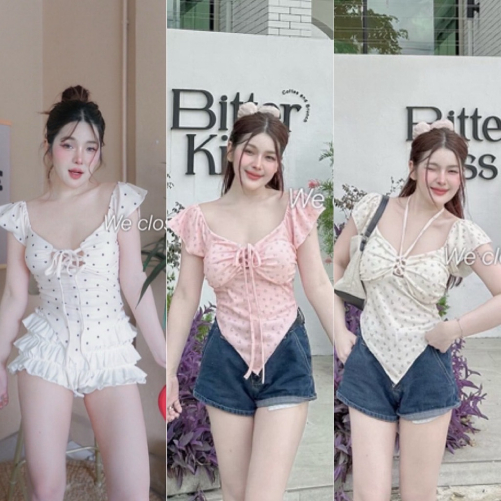 🎀Looktoomshop🎀 #W17 เสื้อ น่ารักๆ แขนระบาย มีสายรูดอก สามารถเอามาผูกคอได้