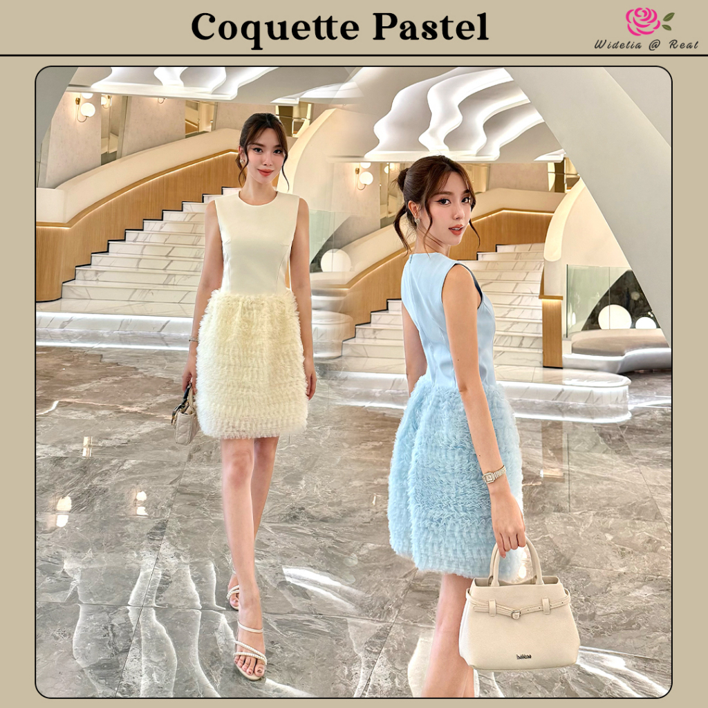 Coquette Pastel Dress เดรสสั้นแขนกุด เนื้อผ้าเรียบ กระโปรงเย็บระบายด้วยผ้ามุ้งเป็นชั้นเล็กๆเรียงกันหลายๆชั้น ซิปหลัง