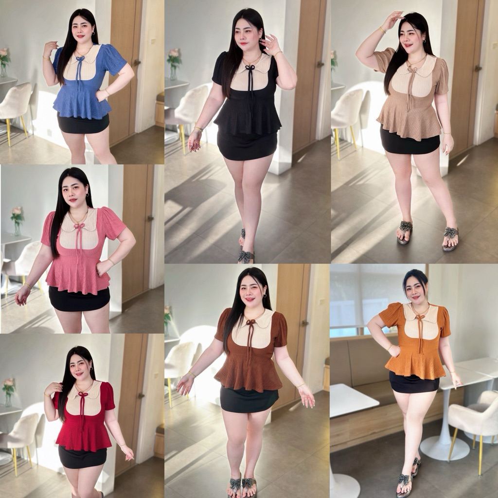 เสื้อสาวอวบ อก38-46 แต่งคอบัว มีโบว์ ทูโทน ชายระบายทรงสวย (A56)