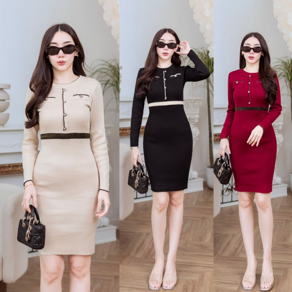 J1689 JiraClothing เดรสไหมพรมแขนยาวทรงเข้ารูป ดีเทลกระดุมหน้า