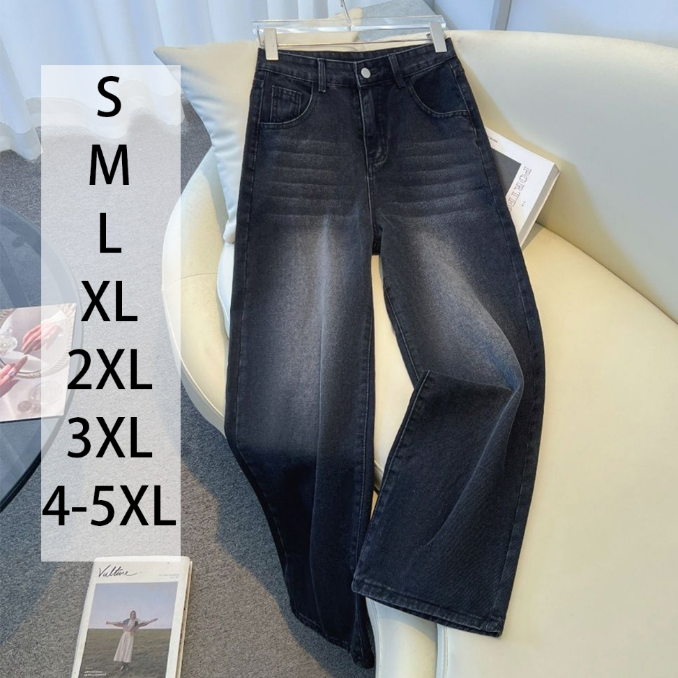 S-5XL~Jeans long pants black กางเกงยีนส์ กางเกงยีนส์สีดำ  denim ทรงตรง หลวม เอวสูง ทรงหลวม ผู้หญิง ยีนส์ สไตล์เกาหลี HOT