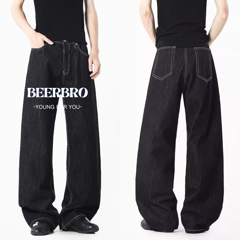 beerbroth-กางเกงยีนส์ผู้ชาย ทรงตรง ทรงหลวม สไตล์อเมริกัน สีน้ําเงินเข้ม Baggy Jeans วินเทจ