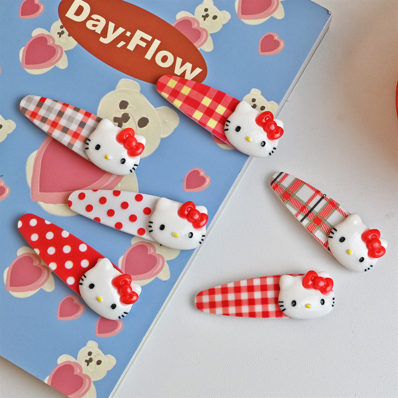 กิ๊บติดผมลายแมวการ์ตูนน่ารักสีแดง, เครื่องประดับผม Hello Kitty สำหรับเด็กผู้หญิง, กิ๊บติดผมลายสก็อต