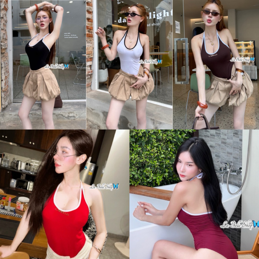 💕ShopBypuy💕บอดี้สูทผูกคอเว้าอกแต่งอะไหล่🤍คอยูเสริมฟองน้ำ🩶