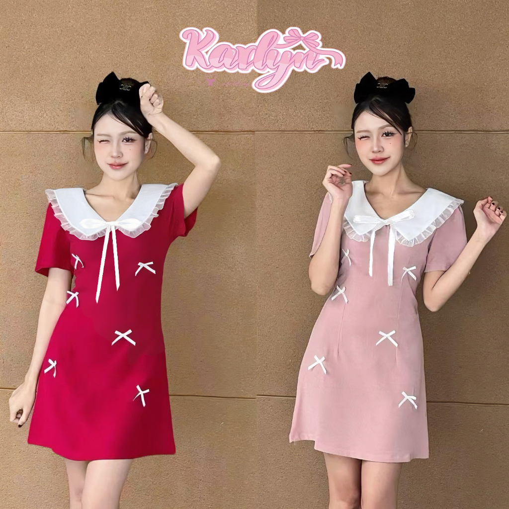 【Karlyn】FZ-CC-H38# เดรสแขนสั้นคอปก  แต่งโบว์  ดีเทลน่ารัก